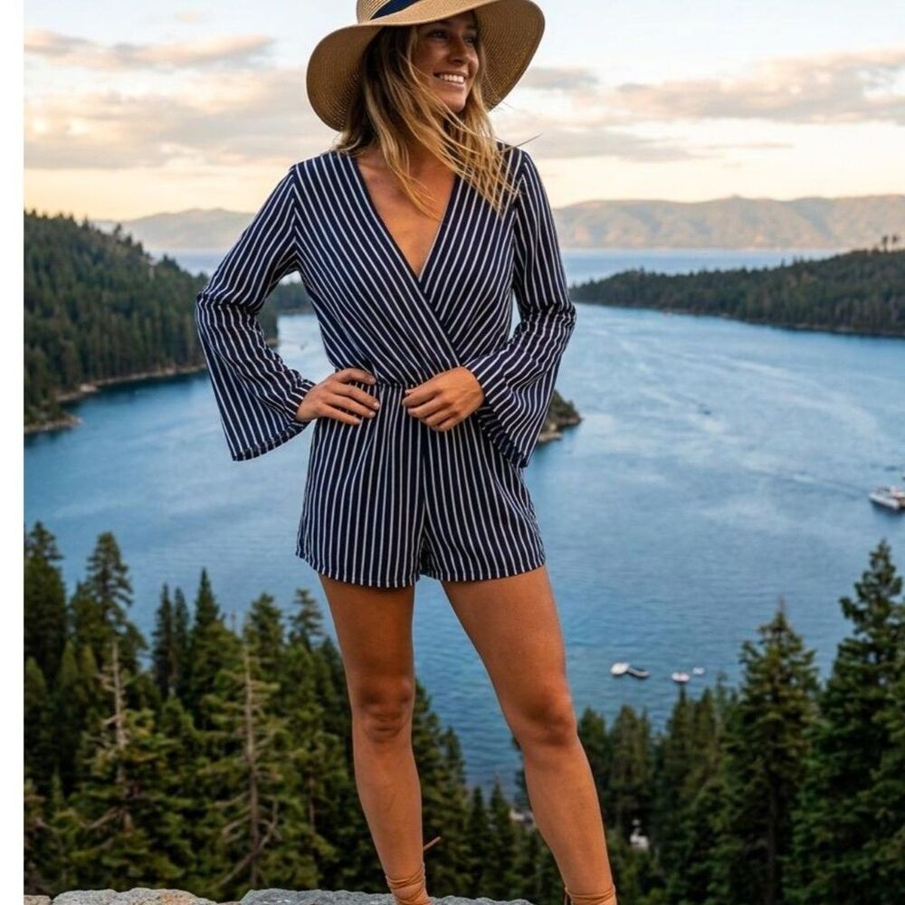 Boho Navy White Stripe Long Sleeve Romper Surplice V Neck Elastic Waist Coastal